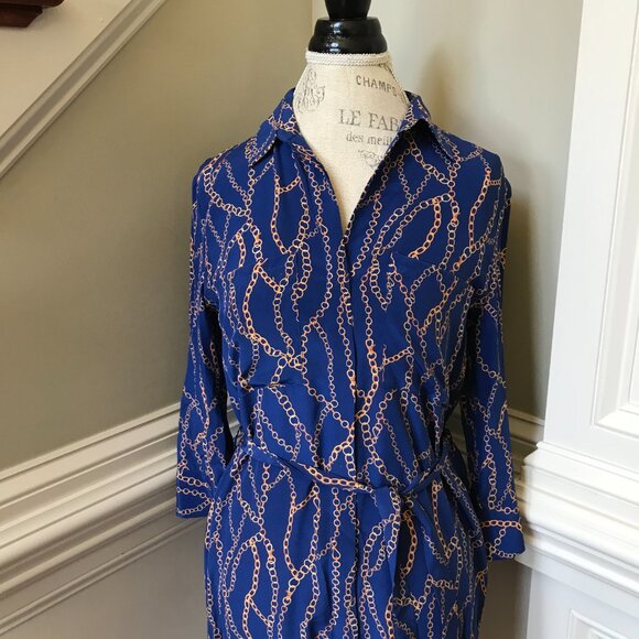 L'Agence Estelle Chain Mini Shirt Dress Womens XS Blue Gold Silk Button Down - Picture 4 of 13